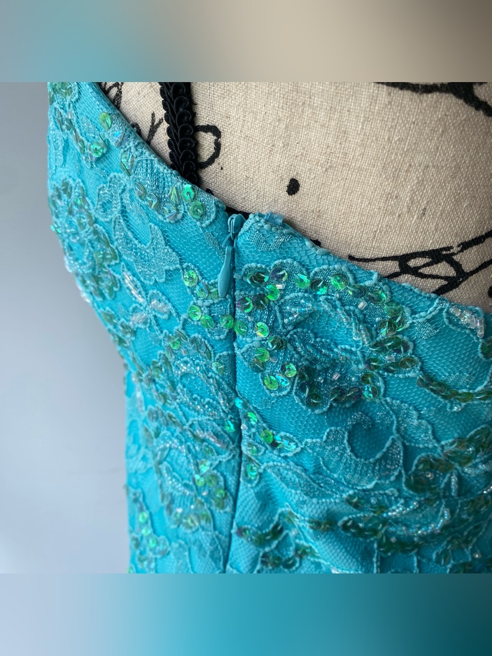 Vintage Y2k 90s Aqua Beaded Fairy Halter Prom Dress - sz 10 - Picture 9 of 15